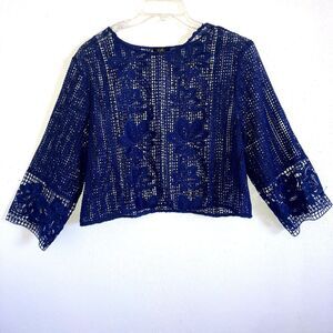 ILE NEW YORK 14 Blue Lace Embroidered Knit Cardigan Shrug Bolero Over Top Size L